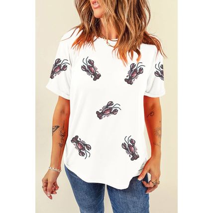 White Sequined Lobster Crewneck Tee