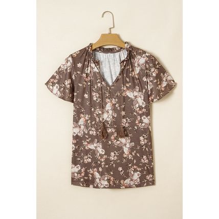 Khaki Retro Floral Print Tassel Tie Split Neck Short Sleeve Blouse