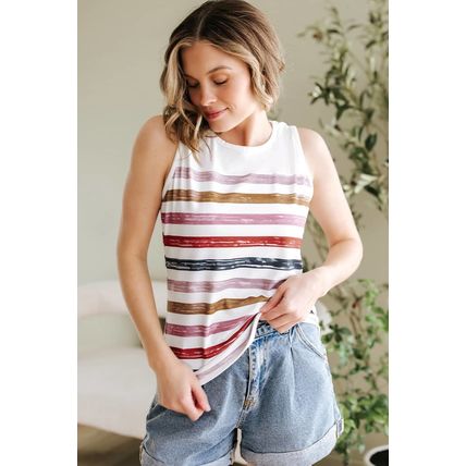 Red Stripe Rainbow Round Neck Tank Top
