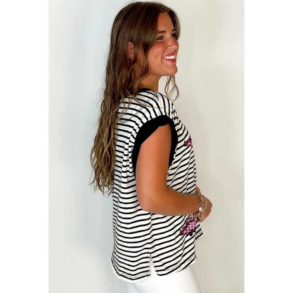 Black Stripe Sequined Lobster Patched Pocket Casual Tank Top