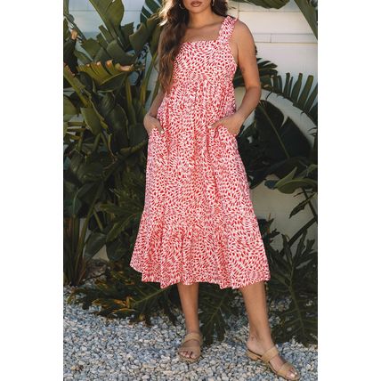 Pink Geometric Print Knot Back Sleeveless Ruffle Hem Dress