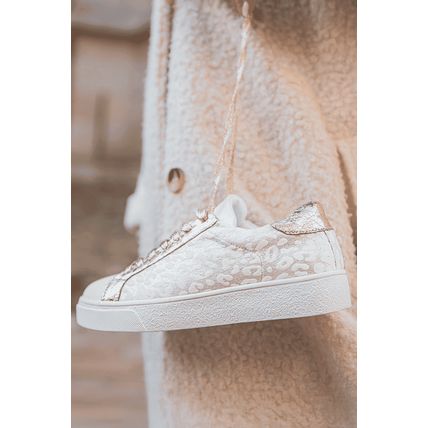 White Leopard Print Glitter Patched PU Leather Lace-up Shoes