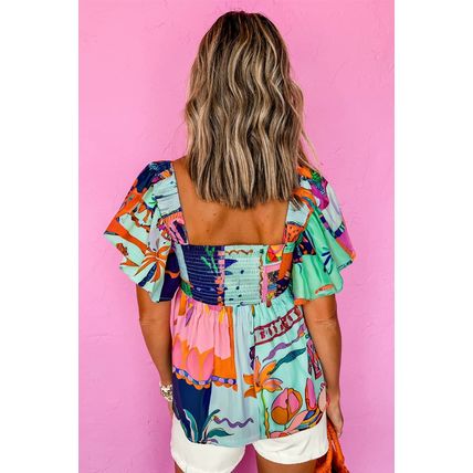 Sky Blue Tropical Printed Square Neck Flutter Sleeve Babydoll Blouse