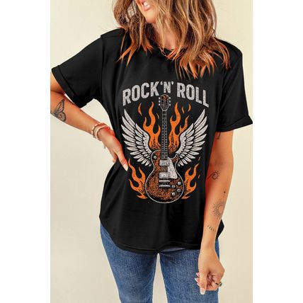 Black Guitar Wings Slogan Print Crew Neck T Shirt