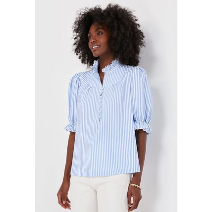 Sky Blue Stripe Ruffled Collar Puff Sleeve Half Buttons Blouse
