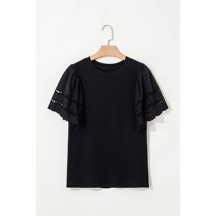 Black Hollow Out Embroidered Short Sleeve O Neck Top