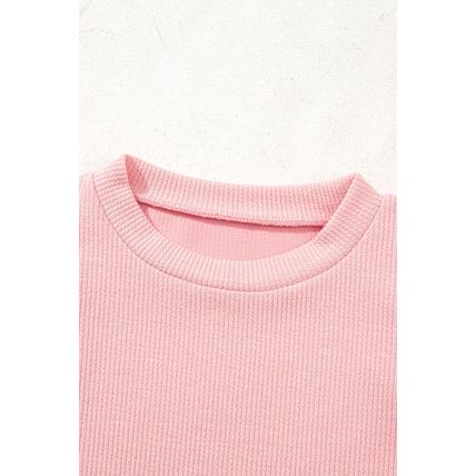 Light Pink Pearl Beaded Ruffle Short Sleeve Patchwork Ribbed Blouse