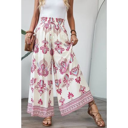 Rose Boho Printed Shirred High Waist Flowy Wide Leg Pants