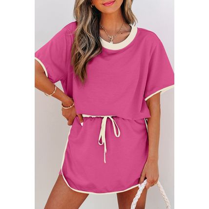 Rose Red Colorblock Edge Drop Shoulder T Shirt and Skort 2Pcs Set