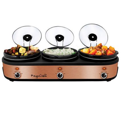 MegaChef Triple 2.5 Quart Slow Cooker and Buffet Server in Brushed Copper and...