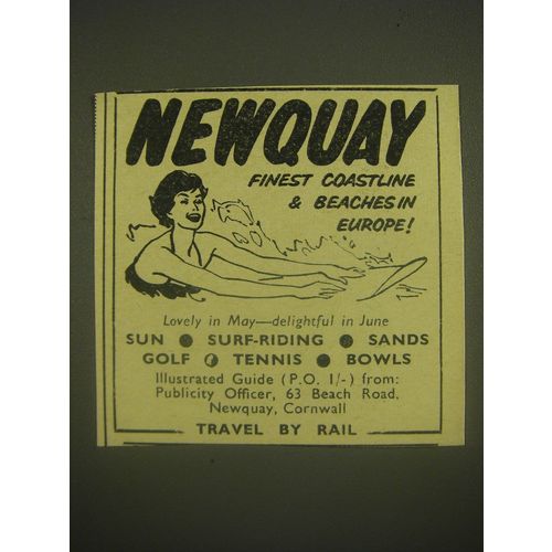 1962 Newquay Tourism Ad - Newquay finest coastline & Beaches in Europe