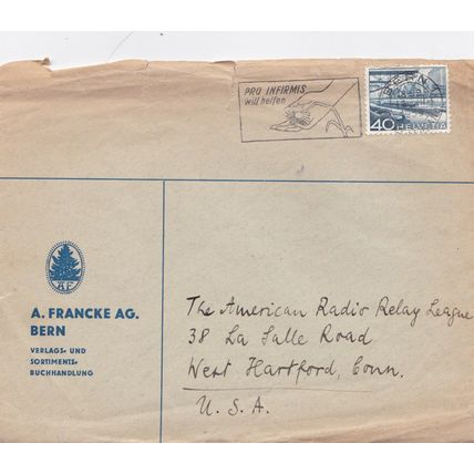 Switzerland 1959 A.Francke Bern to Hartford Conn USA cover Bern cancel written