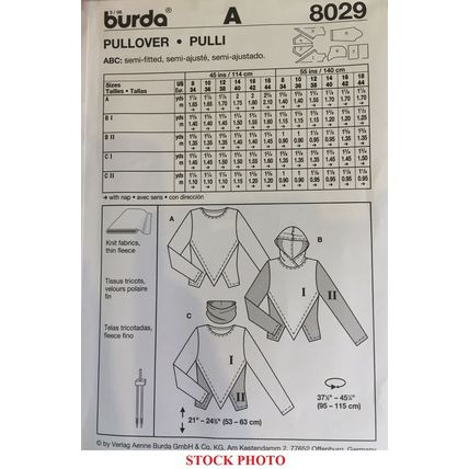 Burda 8029 Sewing Pattern Misses Pullover W&W/O Hood Size 8 10 12 14 16 18 Uncut