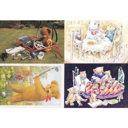 Teddy Bear Golfer Golf Tea Party Reading Book Bicycle Repair 4x Postcard s