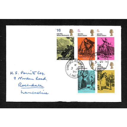 GREAT BRITAIN 1970 3rd JUNE LITERARY ANNIV SET 5V PLAIN FIRST DAY COVER