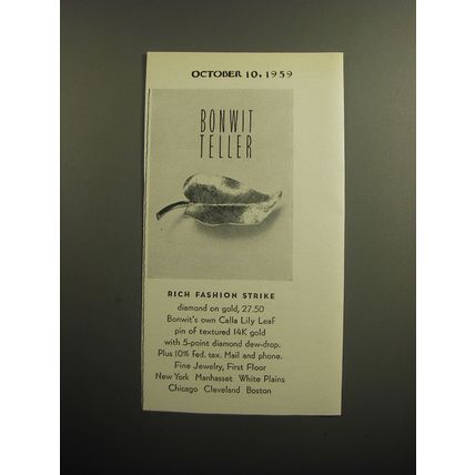 1959 Bonwit Teller Calla Lily Leaf Pin Advertisement - Rich Fashion Strike