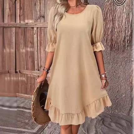 Womens Frilled Short Sleeve Mini Dress Ladies Casual Loose Swing Smock Dresses