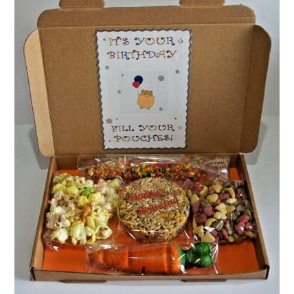 HAMSTER BIRTHDAY BOX DECORATED BOX FILLED WITH TREATS - FILL YOUR POUCHES