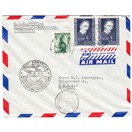AIR MAIL etiquette on 1953 cover KLM - Austria to Holland