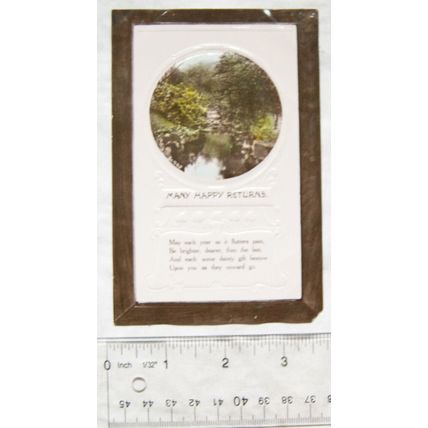 1909 postcard Many Happy Returns - garden scene