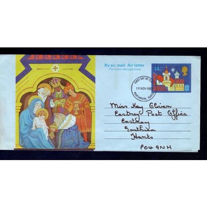 GB 2 x Air Mail Aerogramme Christmas 1979 12p Baubles & 1980 14.5p Bethlehem FDI