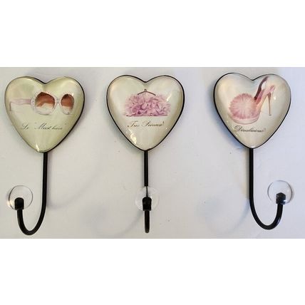 3 Glass Pink Fashion Heart Wall Hooks Chic/Glamour/Diva/Princess Home Decor