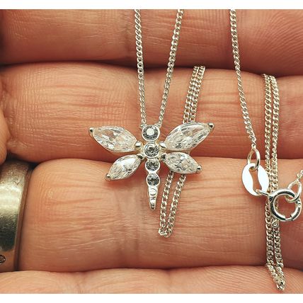 Vintage Italian 925 Sterling Silver & Cubic Zirconia Butterfly Pendant Necklace