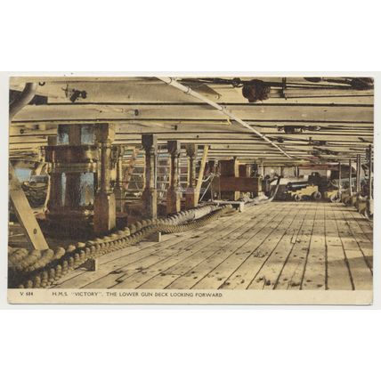 HMS VICTORY lower gun deck looking forward mid-late 20th C. RPPC HARVEY BARTON