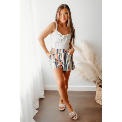 Stripe Vintage Washed Elastic Frill Waist Casual Shorts