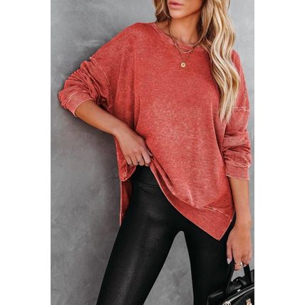 Waffle Knit Side Slit Pullover Top
