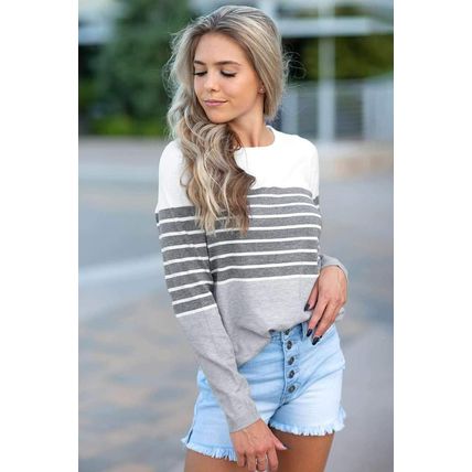 Gray Striped Colorblock Sweater
