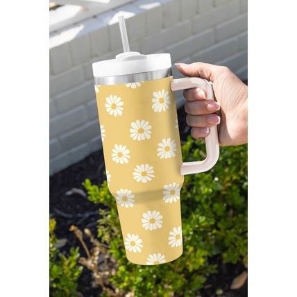 Yellow Daisy Print Handle Stainless Steel Portable Cup 1200ml