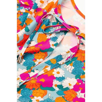 Sky Blue Floral Print Tie Split Neck Bubble Sleeve Babydoll Dress
