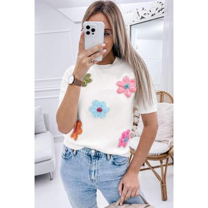 White Cute Flower Applique Short Sleeve Sweater
