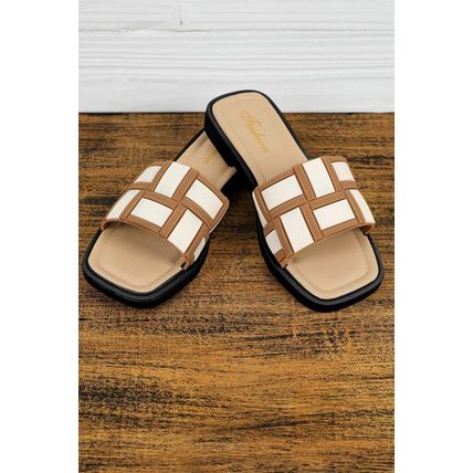 Beige Two Tone Contrast PU Leather Square Toe Slippers