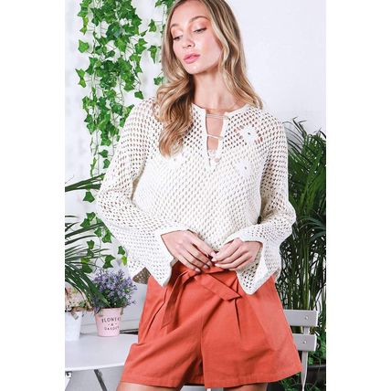White Open Knit Buttoned Neck Split Sleeve Sweater