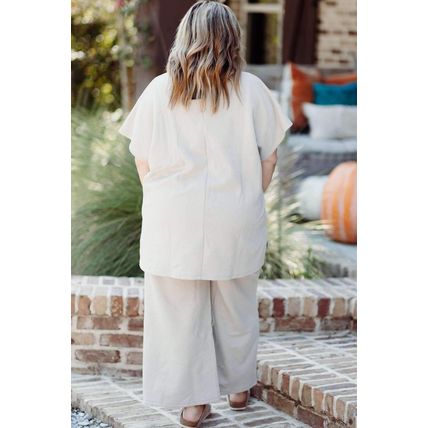 Beige Plus Size Textured Collared Top and Pants Set