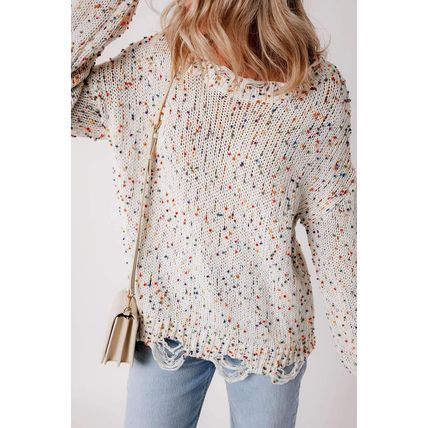 White Colorful Confetti Distressed Knit Sweater