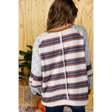 White Striped Floral Printed Patchwork Lantern Sleeve Blouse