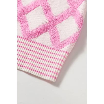 Pink Rhombus Pattern Knit Open Front Pocketed Cardigans