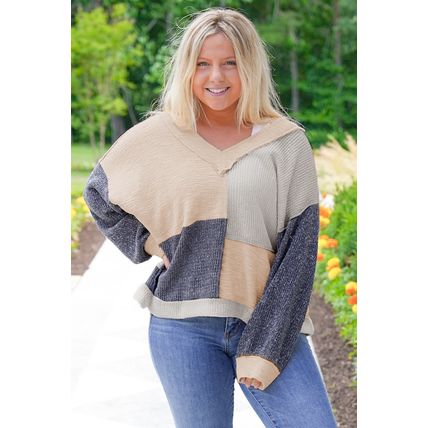 Ashleigh Blue Plus Size Textured Colorblock Patchwork V Neck Top