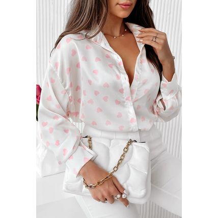White Love Heart Print Drop Shoulder Puff Sleeve Shirt