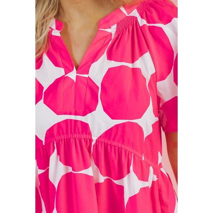 Rose Polka Dot Flutter Sleeve Notched Neck Tiered Flowy Dress