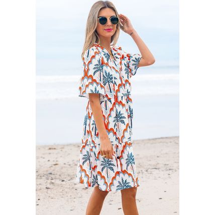 Orange Contrast Palm Tree Printed Short Sleeve Flowy Dress