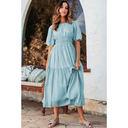 Light Blue Puff Sleeve Pleated High Waist Flowy Midi Dress