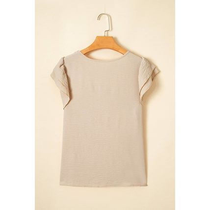 Beige Solid Color Ruffled Short Sleeve Casual Blouse