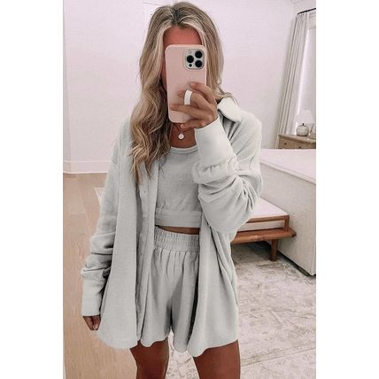 Gray 3 Pcs Crop Tank Top Shorts with Cardigan Lounge Set