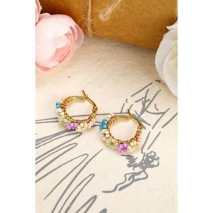 Gold Beaded Flower Hoop Alloy Earrings