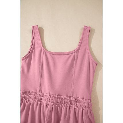 Light Pink Lace-up Elastic Waist Sleeveless Square Neck Jumpsuit