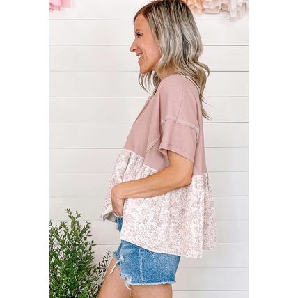 Pink Waffle Floral Patchwork Exposed Seam Detail Short Sleeve Top